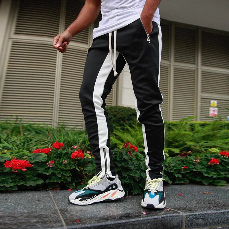 Men's Slim Fit Track Sweatpants – Side Stripe Zip Hem Drawstring Streetwear