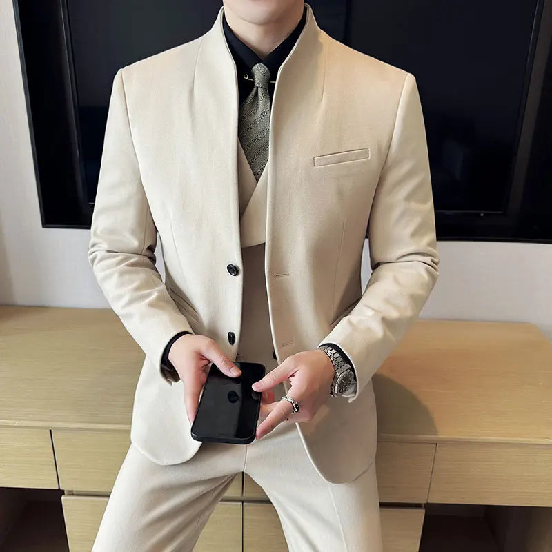 Men's Slim Fit Two Piece Suit – Stand Collar Single Breasted Formal