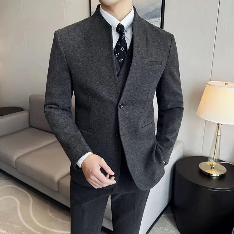 Men's Slim Fit Two Piece Suit – Stand Collar Single Breasted Formal