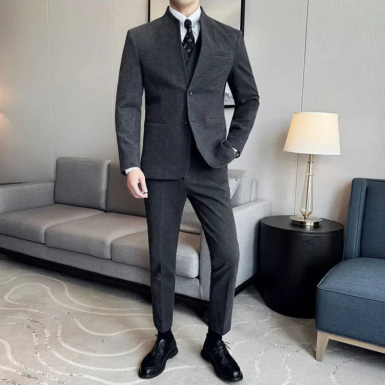 Men's Slim Fit Two Piece Suit – Stand Collar Single Breasted Formal