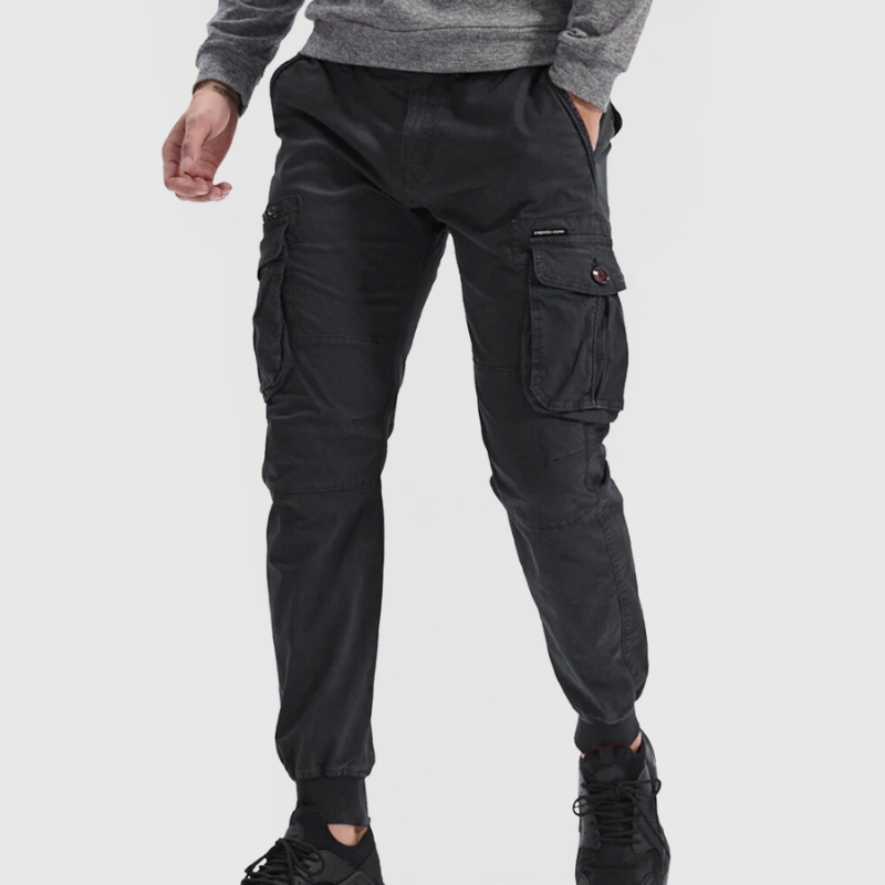 Men's Slim Fit Utility Cargo Jogger Pants – Multi Pocket Tapered Ribbed Cuff