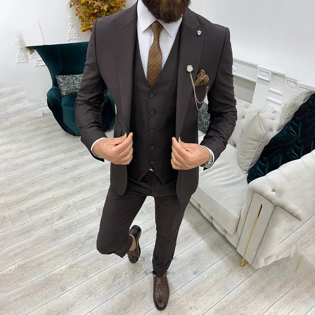 Men's Slim Solid Three Piece Suit Set – Notch Lapel Single Breasted Formal