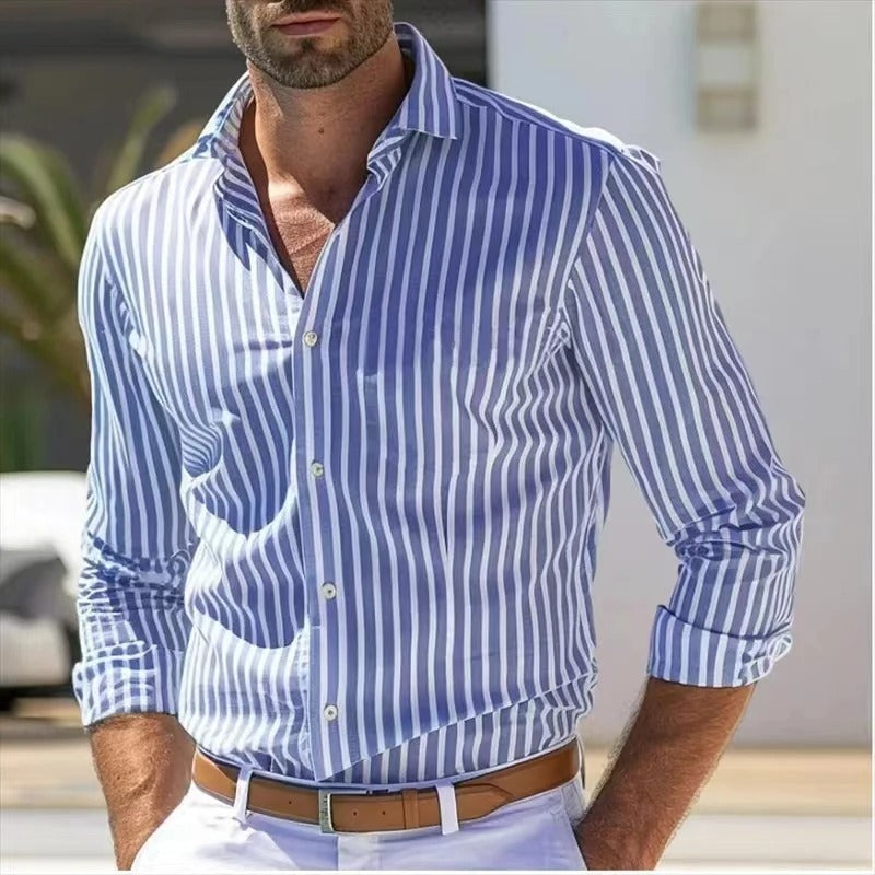 Men's Slim Vertical Stripe Shirt – Spread Collar Long Sleeve Smart Casual