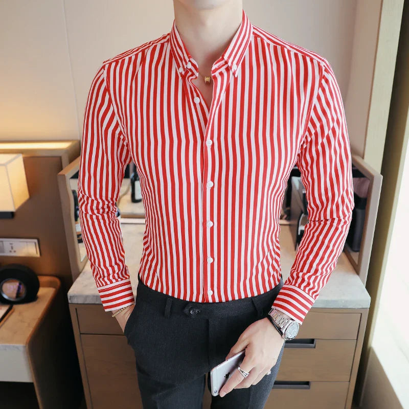 Men's Slim Vertical Stripe Shirt – Spread Collar Long Sleeve Smart Casual
