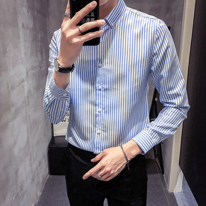 Men's Slim Vertical Stripe Shirt – Spread Collar Long Sleeve Smart Casual