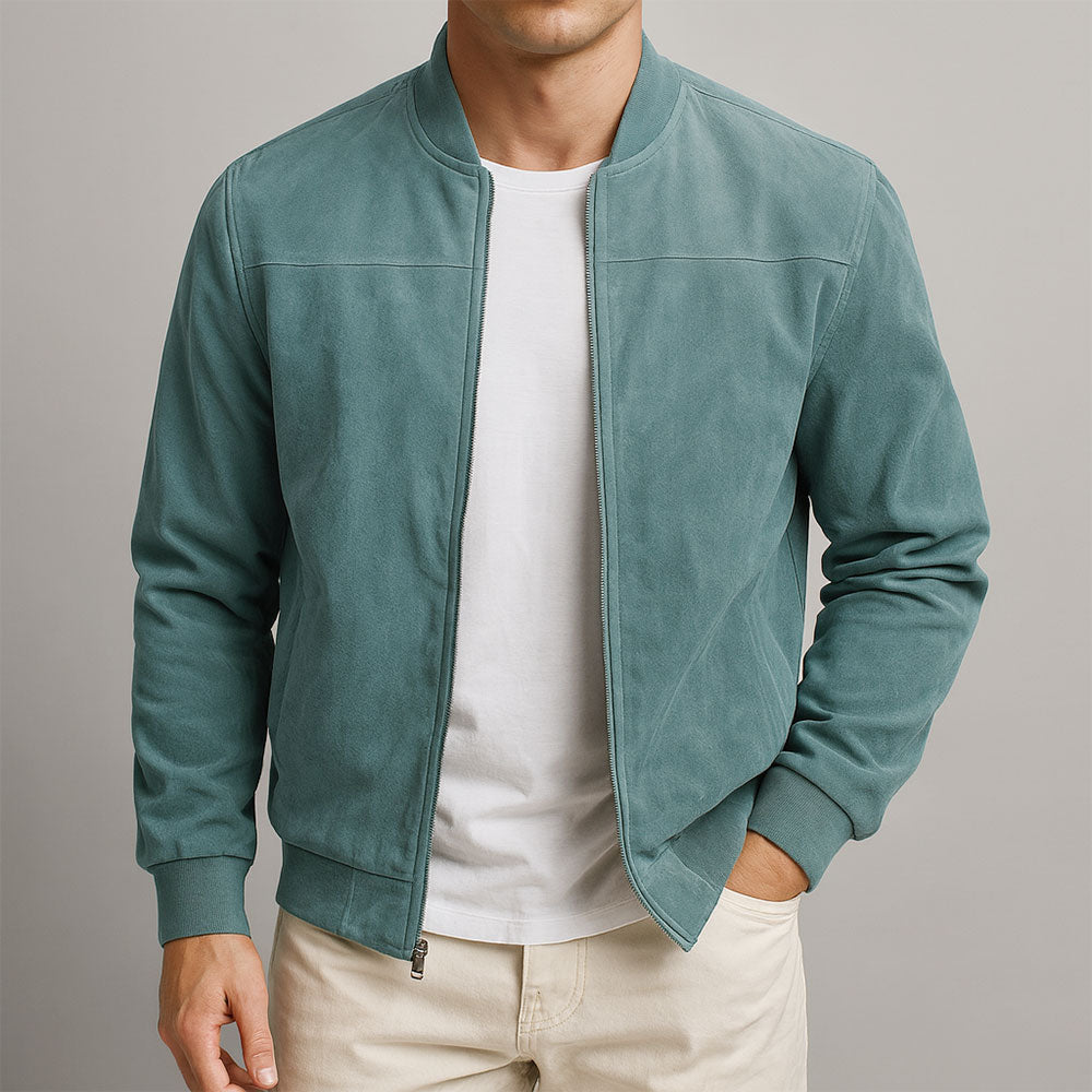 Men's Solid Suede Bomber Jacket – Full Zip Rib Trim Casual Outerwear