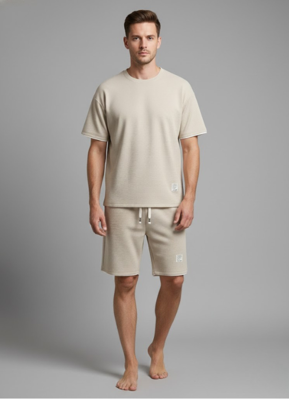 Men's Solid Waffle Knit 2 Piece Set – Crew Neck Tee Drawstring Shorts Casual