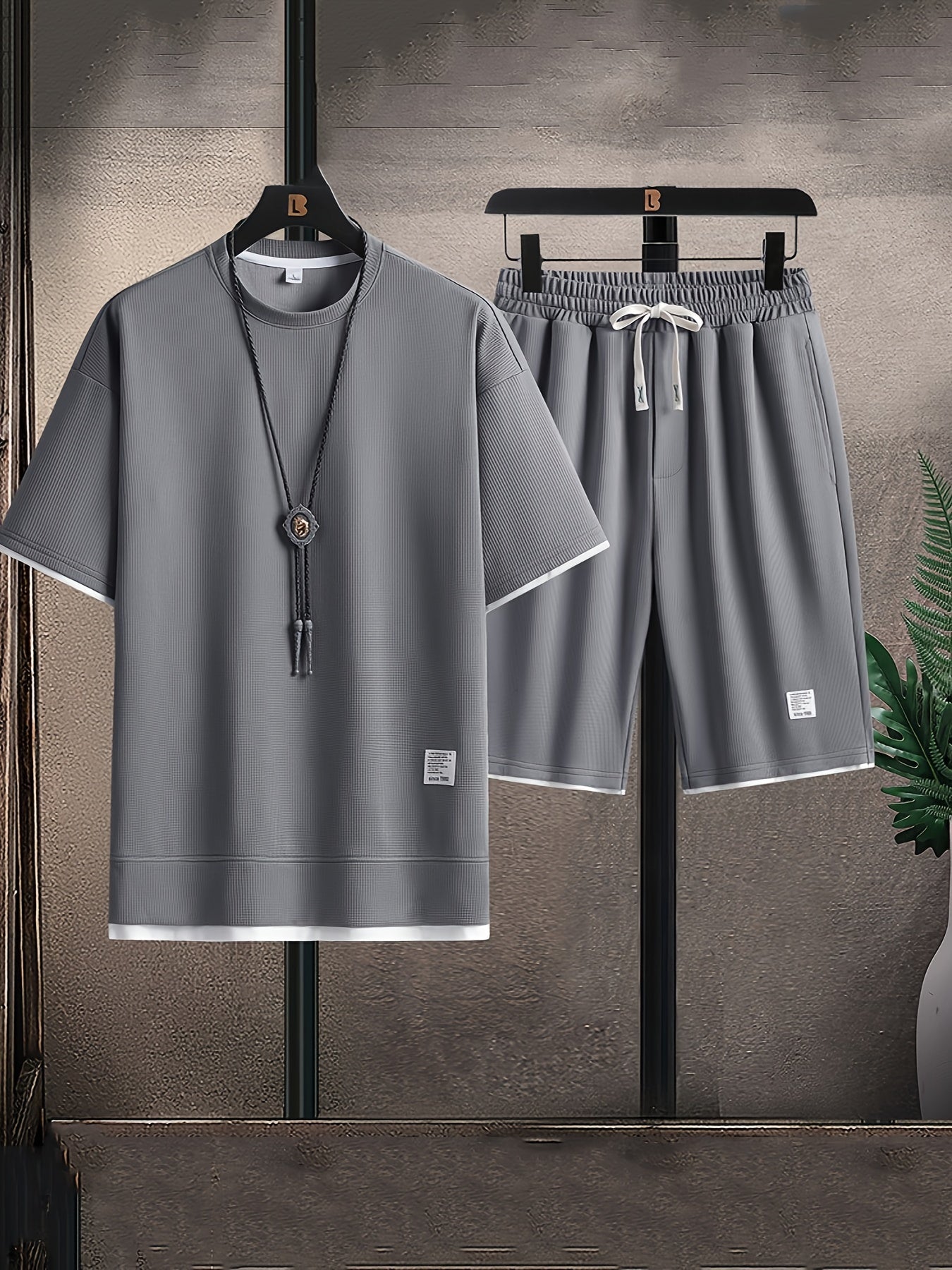 Men's Solid Waffle Knit 2 Piece Set – Crew Neck Tee Drawstring Shorts Casual