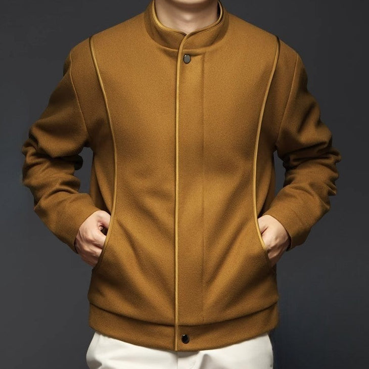 Men's Stand Collar Jacket – Snap Button Front Contrast Piping Smart Casual