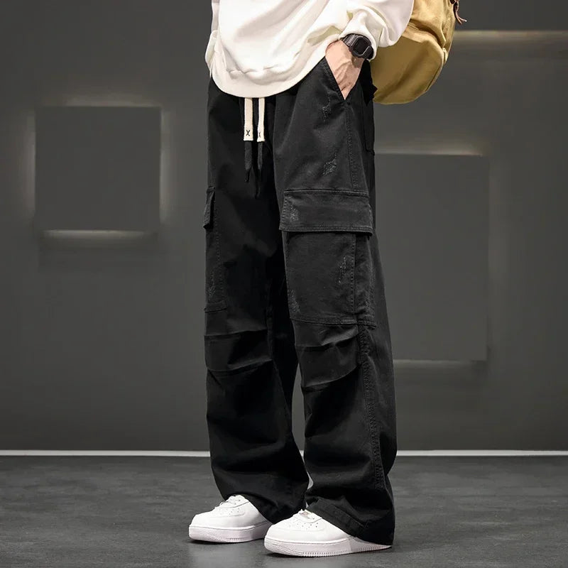 Men's Straight Leg Cargo Pants – Multi Pocket Drawstring Waist Street Outdoor