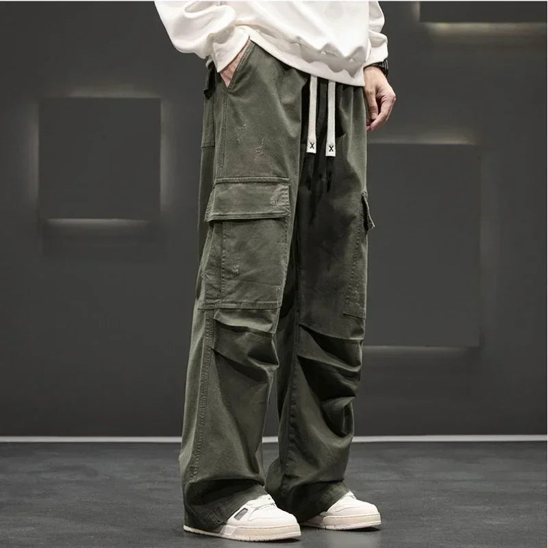 Men's Straight Leg Cargo Pants – Multi Pocket Drawstring Waist Street Outdoor