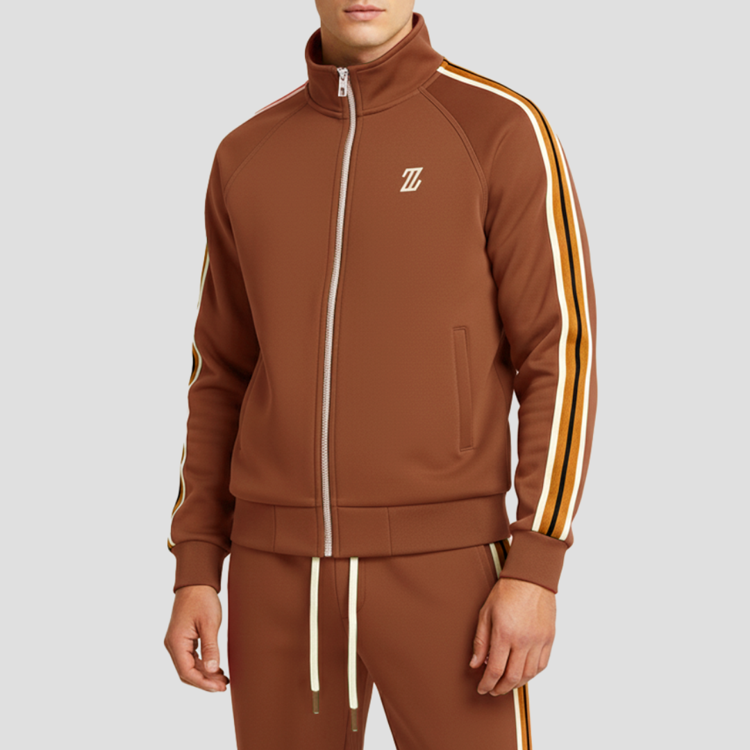 Men's Stripe 2-Piece Tracksuit – Stand Collar Zip Up Side Tape Jogger Set