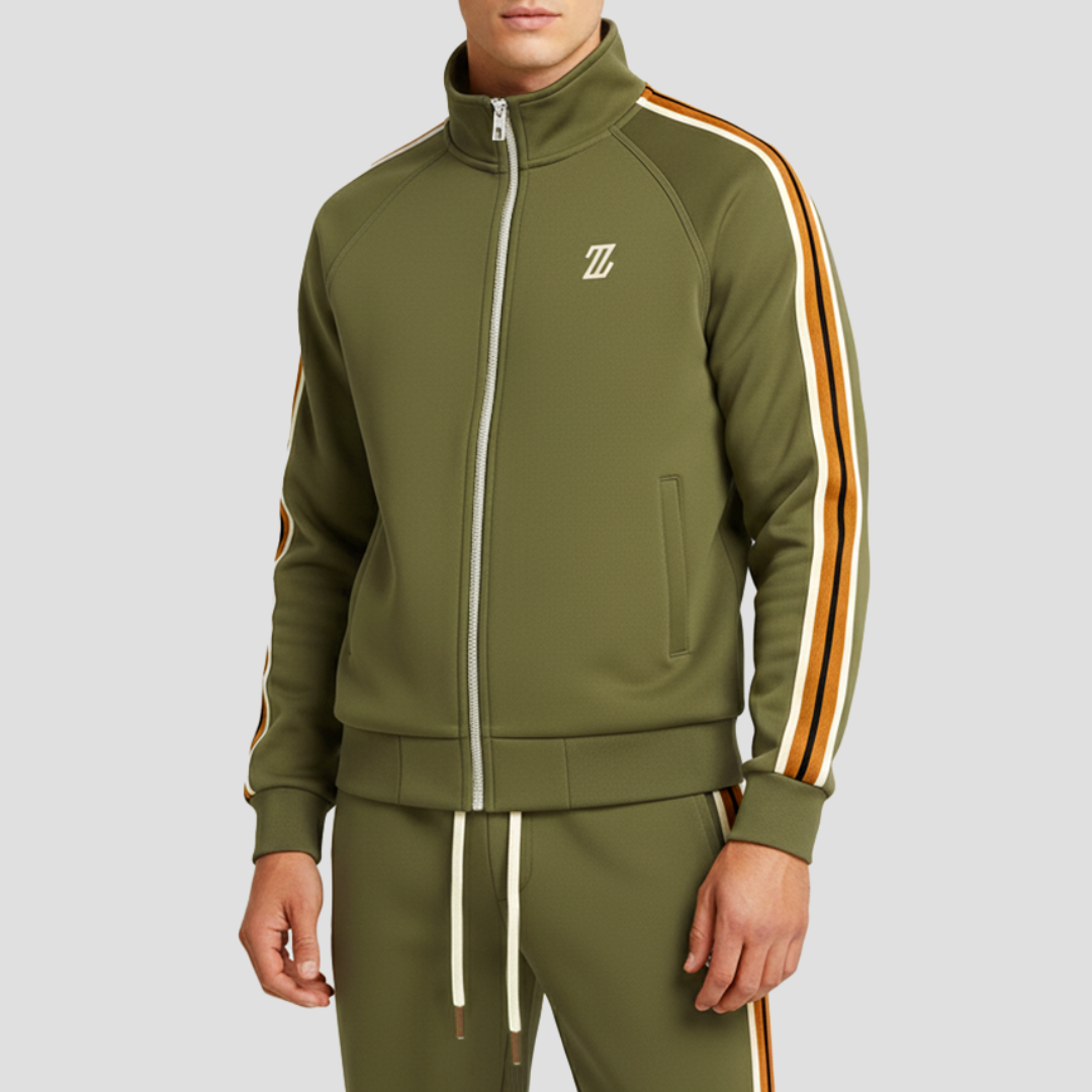 Men's Stripe 2-Piece Tracksuit – Stand Collar Zip Up Side Tape Jogger Set