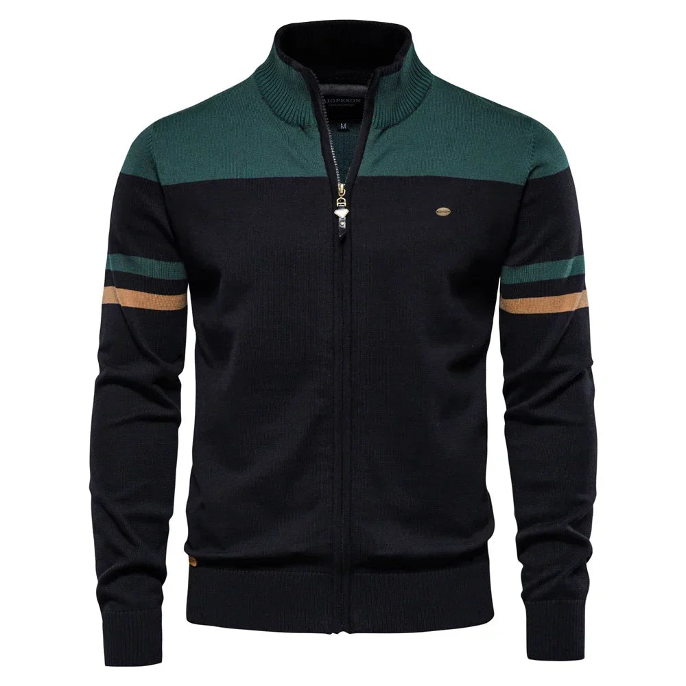 Men's Stripe Sleeve Full Zip Cardigan – Stand Collar Long Sleeve Everyday Wear