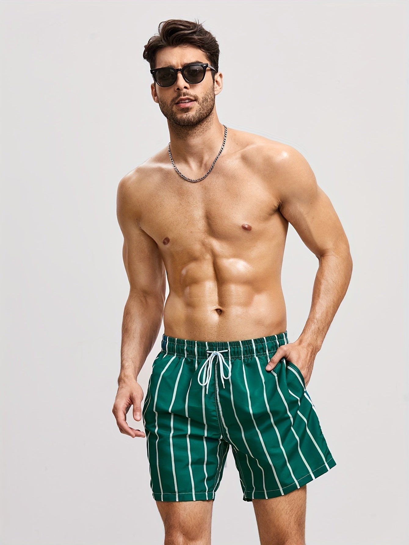 Men's Stripe Swimming Trunks – Drawstring Gathered Waist Side Pocket Beach