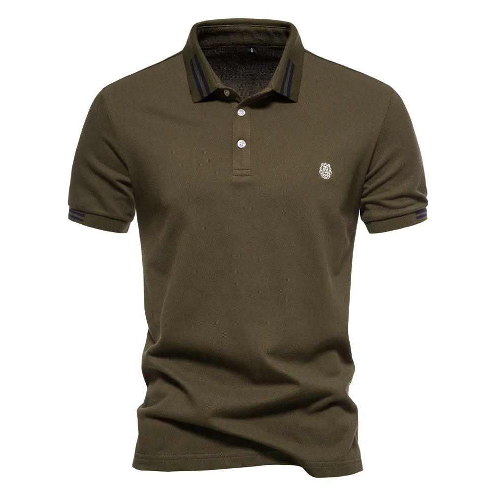 Men's Striped Collar Polo Shirt – Short Sleeve Embroidered Logo Golf