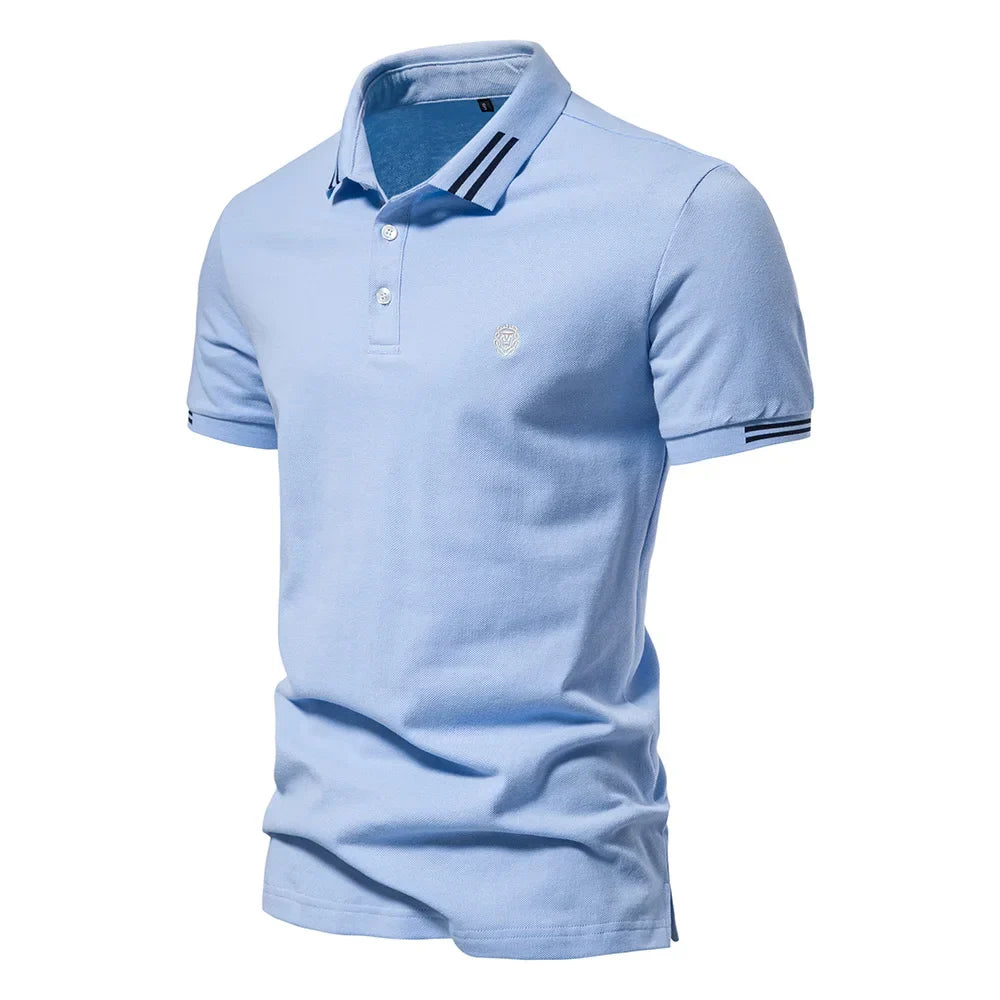 Men's Striped Collar Polo Shirt – Short Sleeve Embroidered Logo Golf