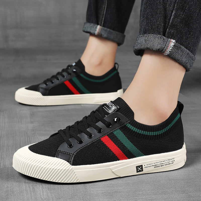 Men's Striped Knit Low Top Sneakers – Lace Up Round Toe Casual Street Shoes