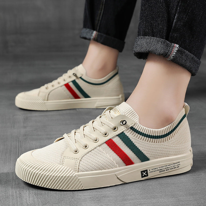 Men's Striped Knit Low Top Sneakers – Lace Up Round Toe Casual Street Shoes