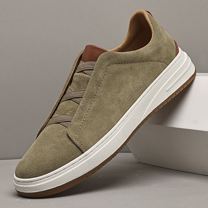 Men's Suede Sneakers – Elastic Cross Strap Low Top Contrast Heel Casual Shoes