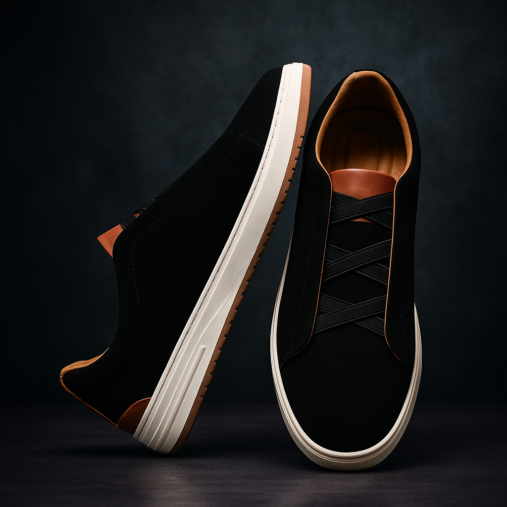 Men's Suede Sneakers – Elastic Cross Strap Low Top Contrast Heel Casual Shoes