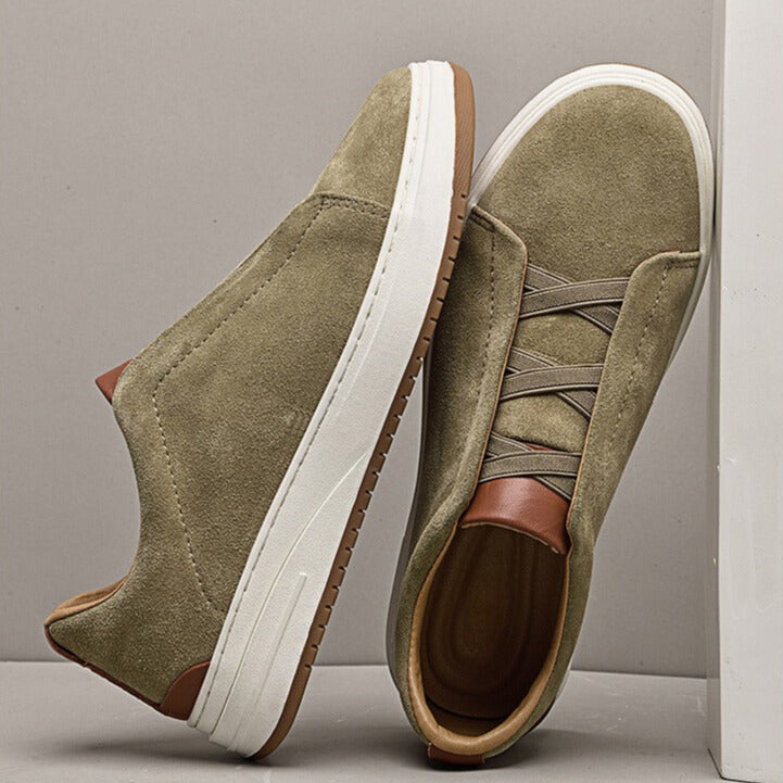 Men's Suede Sneakers – Elastic Cross Strap Low Top Contrast Heel Casual Shoes