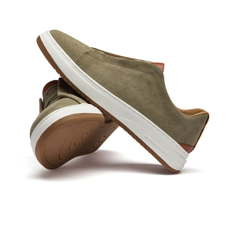 Men's Suede Sneakers – Elastic Cross Strap Low Top Contrast Heel Casual Shoes