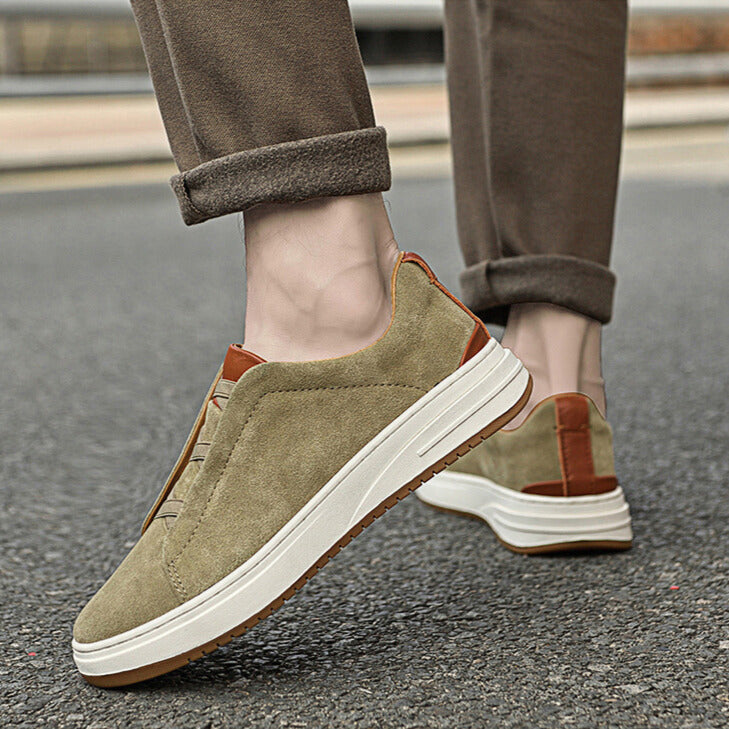Men's Suede Sneakers – Elastic Cross Strap Low Top Contrast Heel Casual Shoes