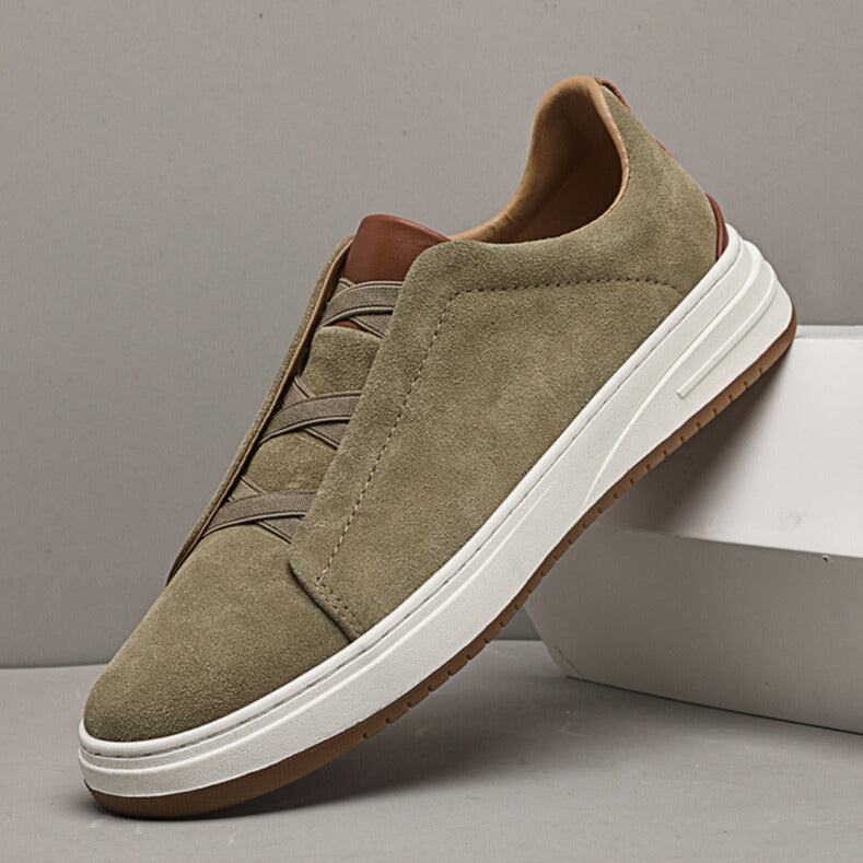 Men's Suede Sneakers – Elastic Cross Strap Low Top Contrast Heel Casual Shoes