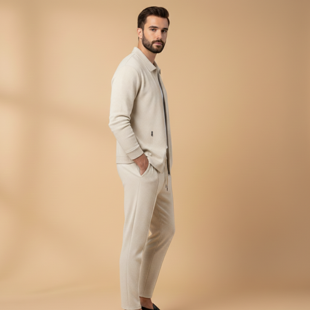 Men's Textured 2-Piece Tracksuit – Zip Up Jacket Drawstring Jogger Casual