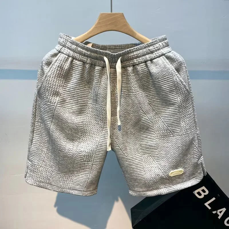 Men's Textured Drawstring Shorts – Pull On Ribbed Geometric Mid Length