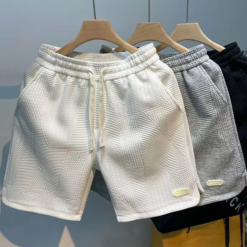 Men's Textured Drawstring Shorts – Pull On Ribbed Geometric Mid Length