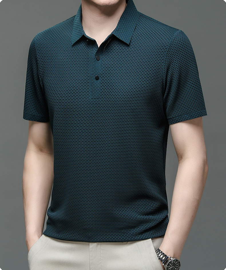 Men's Textured Knit Polo Shirt – Short Sleeve Button Placket Smart Casual
