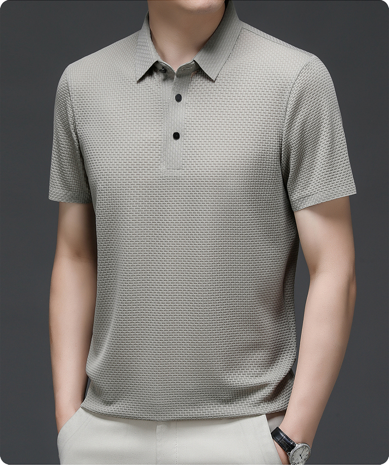 Men's Textured Knit Polo Shirt – Short Sleeve Button Placket Smart Casual