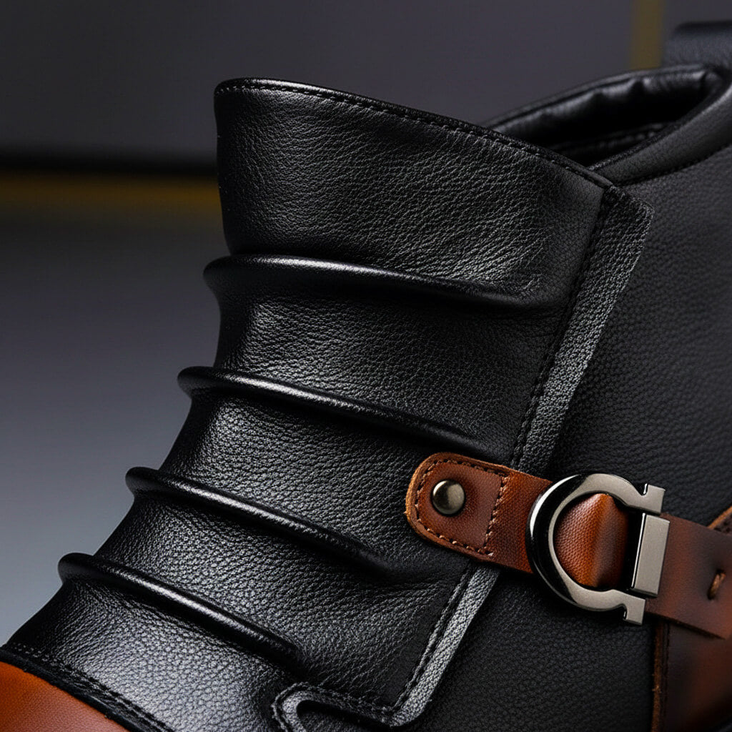 Men's Two Tone Ankle Boots – Buckle Strap Pointed Toe Stacked Heel Smart Casual
