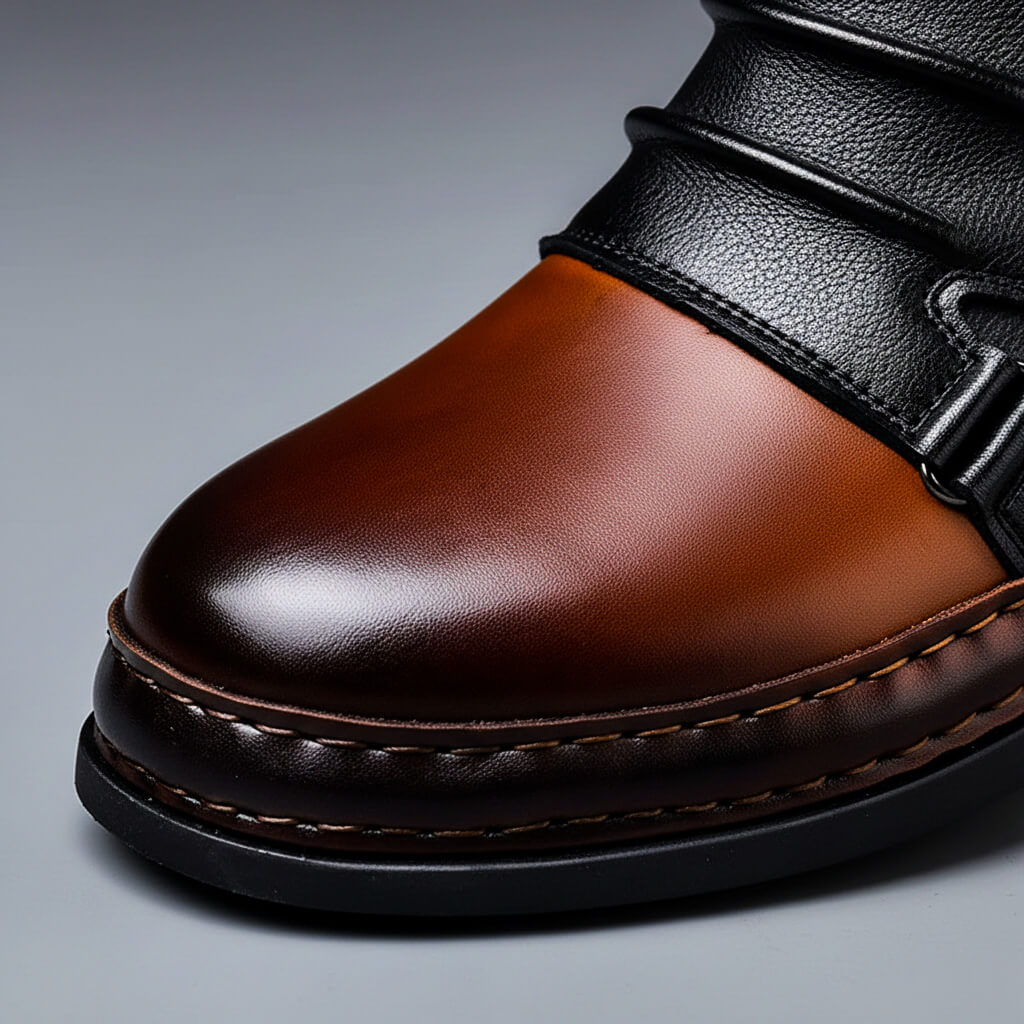 Men's Two Tone Ankle Boots – Buckle Strap Pointed Toe Stacked Heel Smart Casual