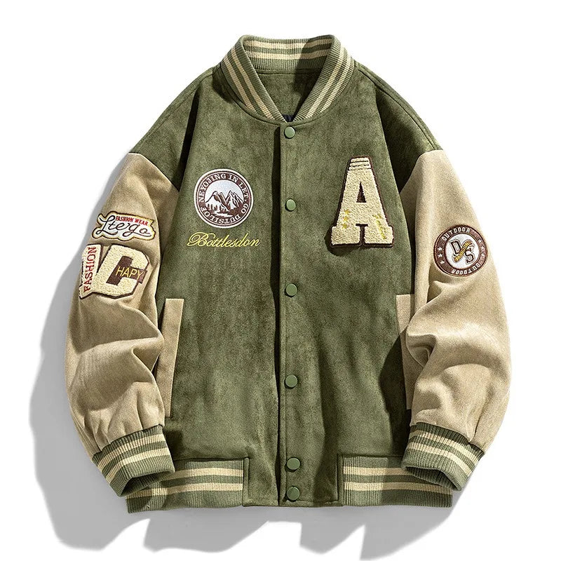 Men's Two Tone Varsity Bomber Jacket – Snap Button Embroidered Patch Streetwear