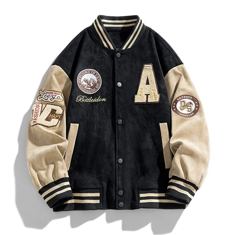 Men's Two Tone Varsity Bomber Jacket – Snap Button Embroidered Patch Streetwear