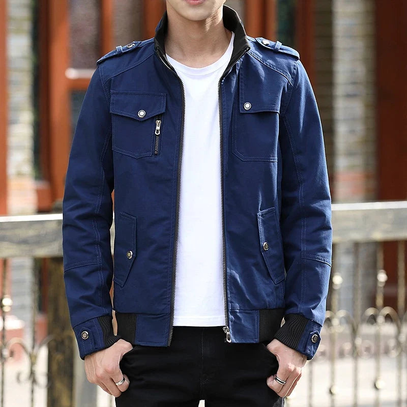 Men's Utility Bomber Jacket – Stand Collar Epaulette Multi Pocket Outerwear