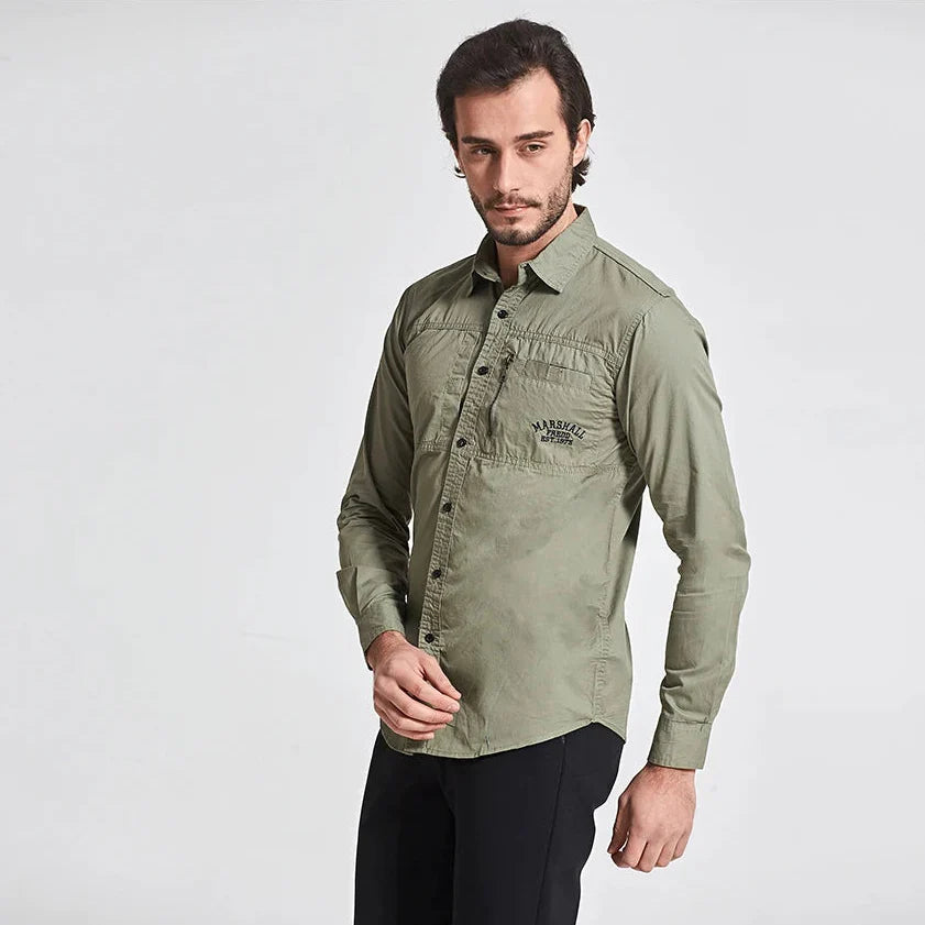 Men's Utility Solid Long Sleeve Shirt – Zip Chest Pocket Button Down Outdoor