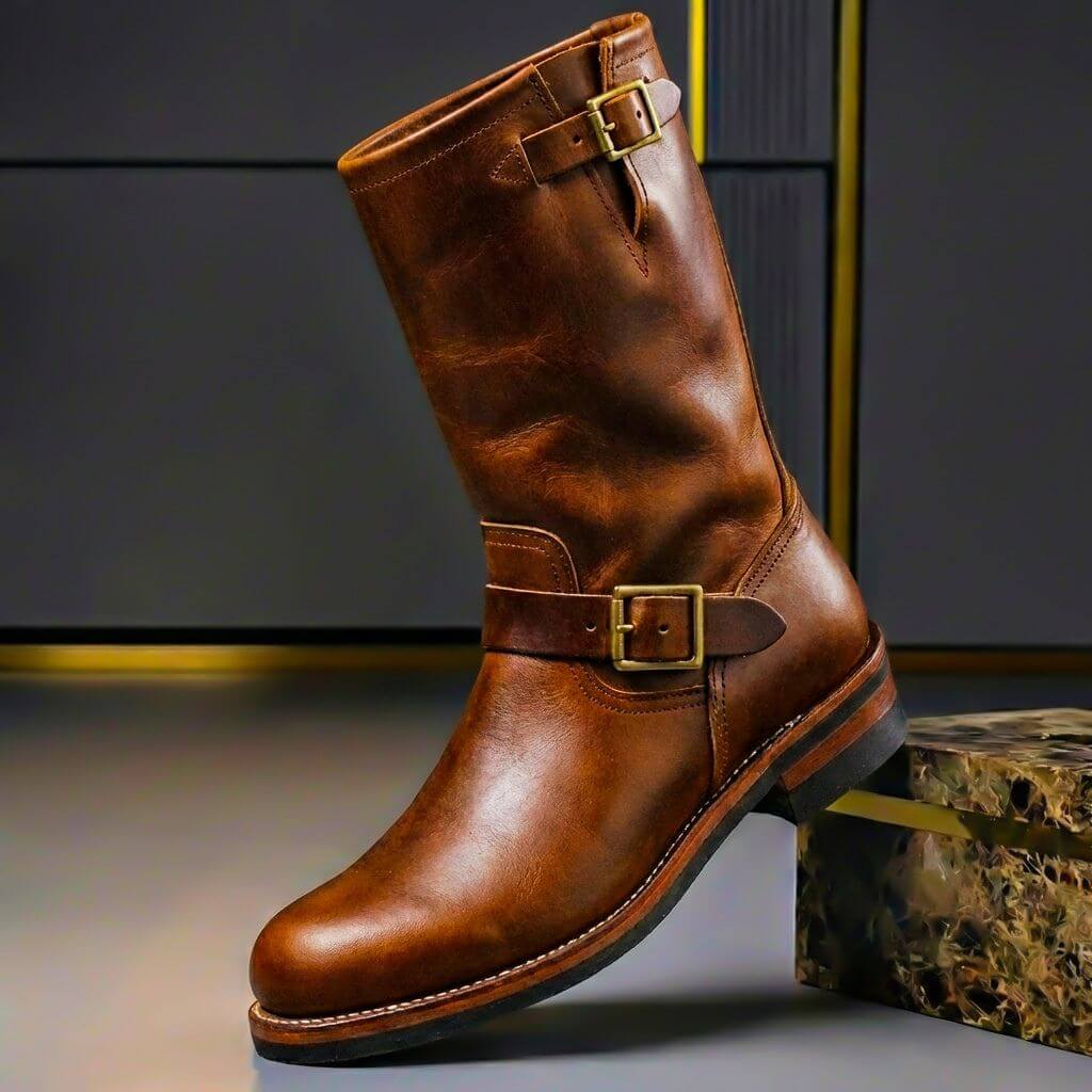 Men's Vintage Distressed Mid Calf Boots – Buckle Strap Low Heel Biker Casual