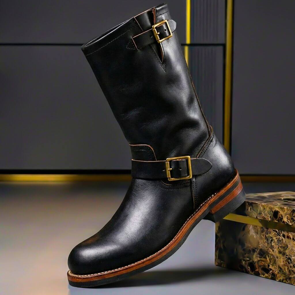 Men's Vintage Distressed Mid Calf Boots – Buckle Strap Low Heel Biker Casual