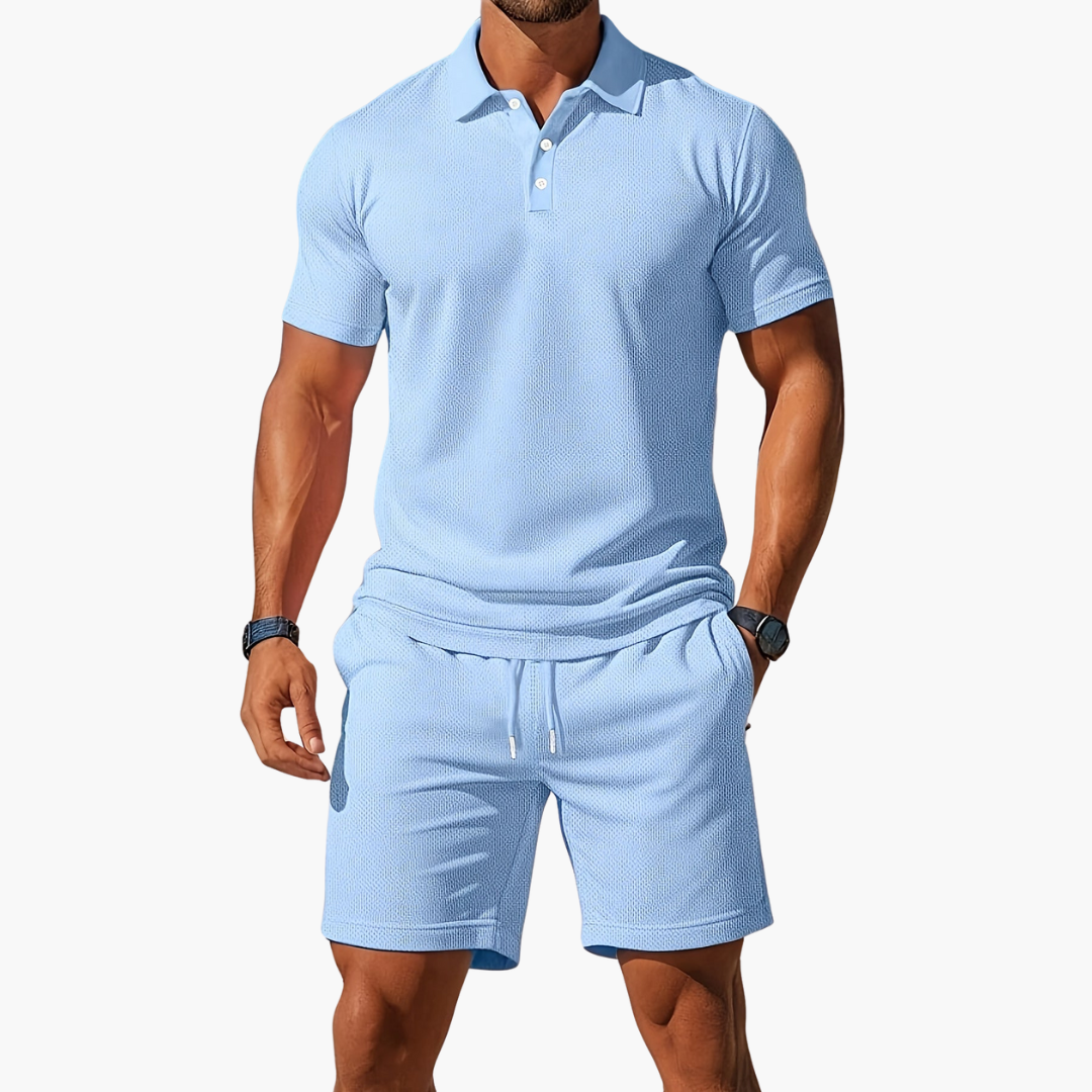 Men's Waffle Knit 2 Piece Set – Polo Shirt Drawstring Shorts Casual
