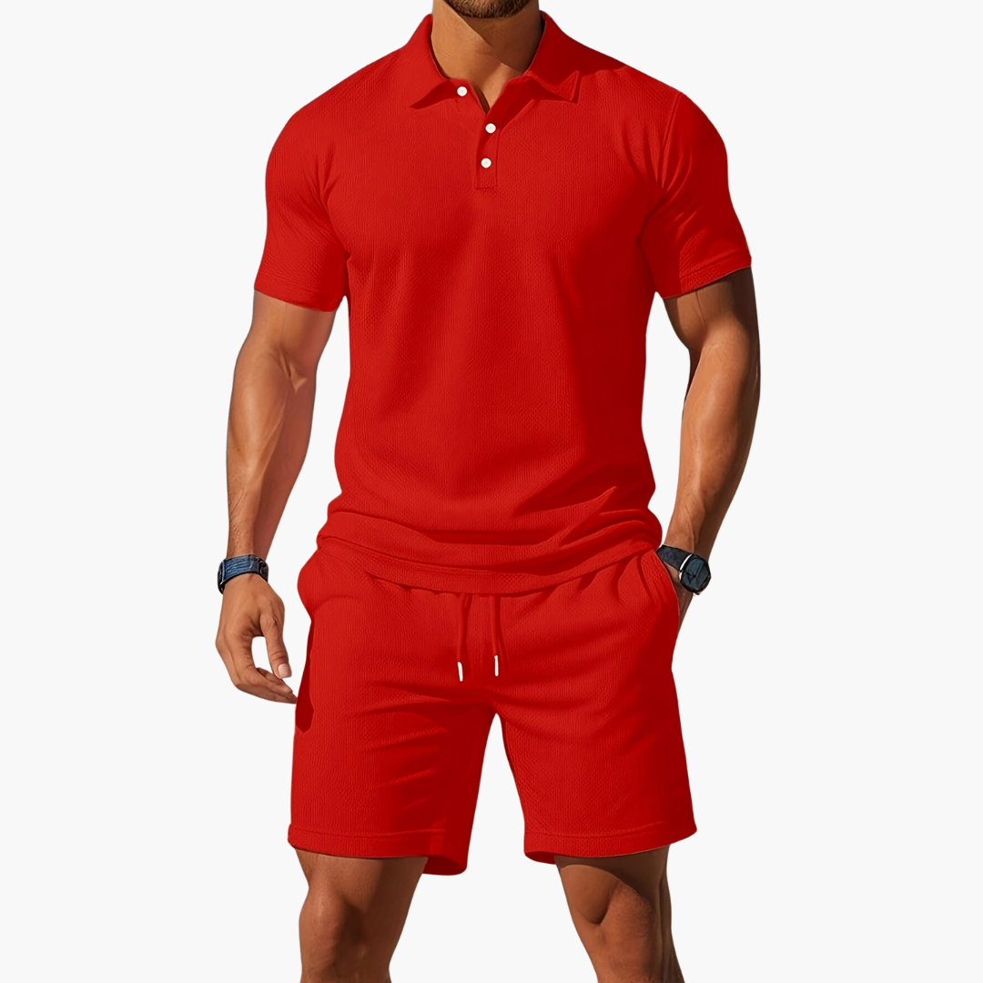 Men's Waffle Knit 2 Piece Set – Polo Shirt Drawstring Shorts Casual