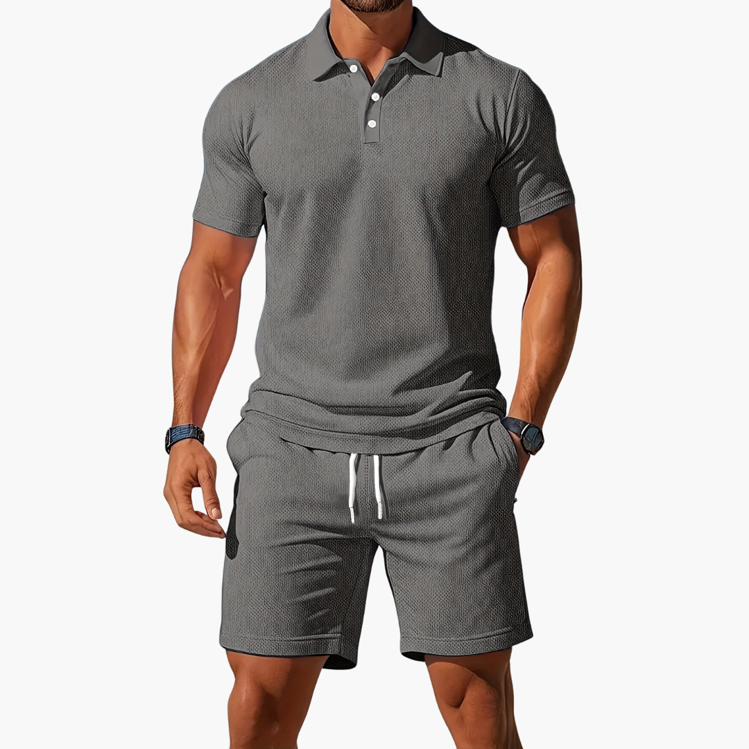 Men's Waffle Knit 2 Piece Set – Polo Shirt Drawstring Shorts Casual