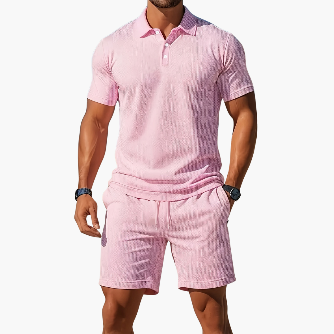 Men's Waffle Knit 2 Piece Set – Polo Shirt Drawstring Shorts Casual