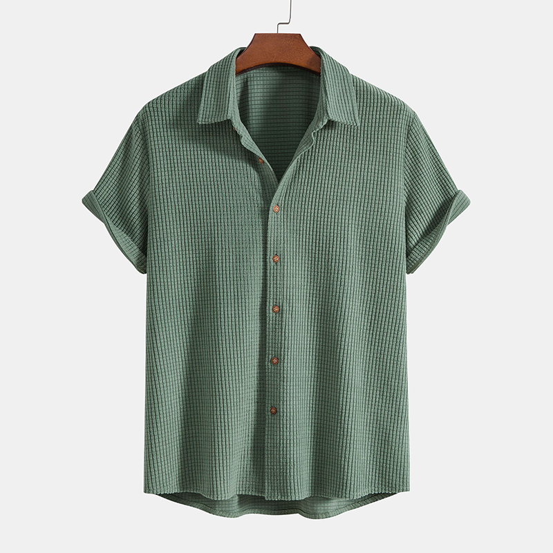Men's Waffle Textured 2 Piece Set – Short Sleeve Shirt Drawstring Shorts Summer