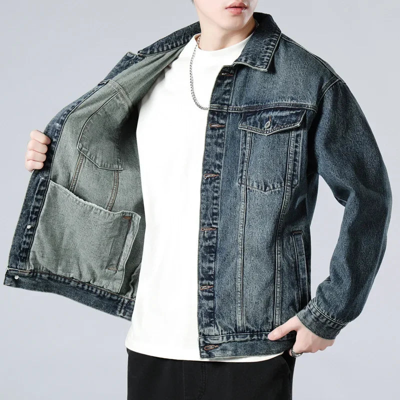 Men's Washed Denim Jacket – Button Front Chest Pocket Oversized Casual