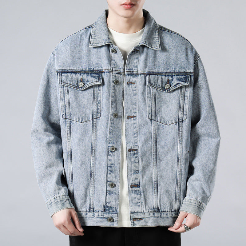 Men's Washed Denim Jacket – Button Front Chest Pocket Oversized Casual