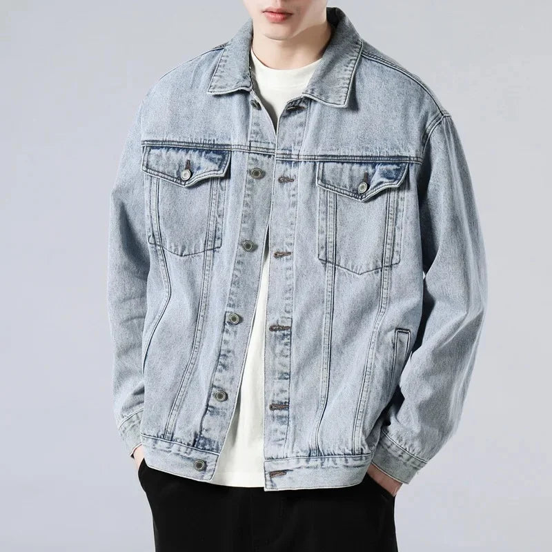 Men's Washed Denim Jacket – Button Front Chest Pocket Oversized Casual
